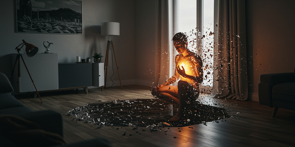 Figura humana se fragmentando em luz durante travessia interior