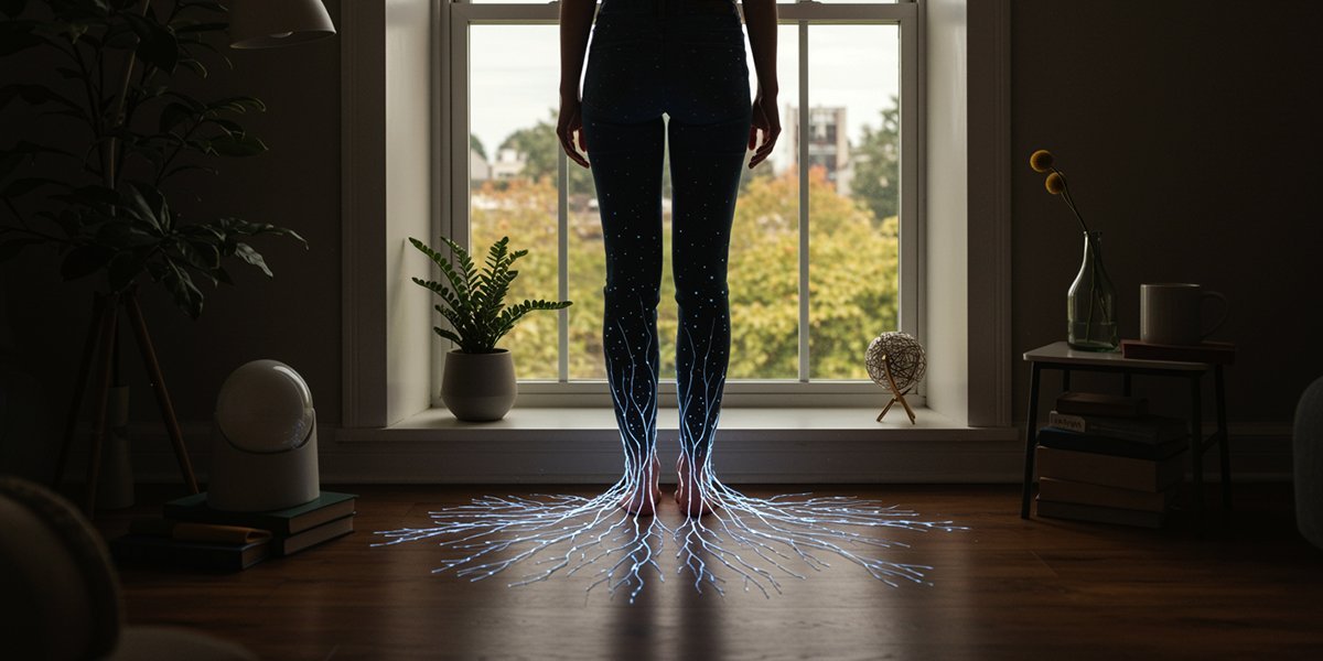 Pessoa enraizada no chão com raízes de luz se espalhando pelos pés